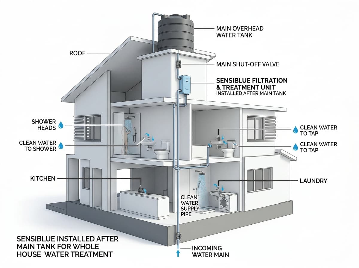 Schematic of a Sensiblue unit installed on a home water line