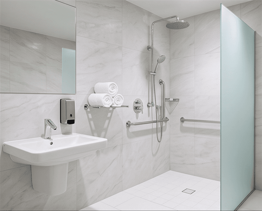 Disinfected water at a home bathroom sink and shower